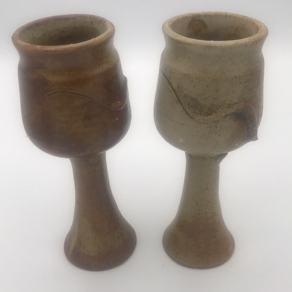 VTG Michael Schyler Flat Earth Set of 2 Art Pottery Goblets - Picture 3 of 13